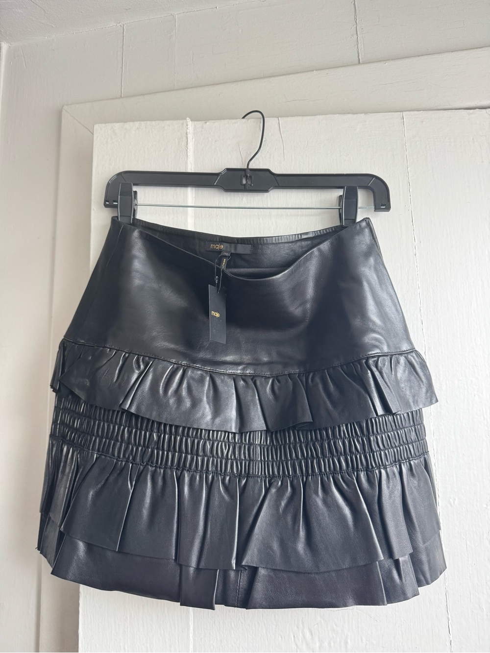Maje Black Tiered Faux Leather Ruffle Mini Skirt